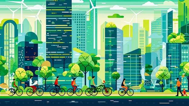 Cyclists and cars in the city standard illustration showcasing green energy and eco friendly transportation.