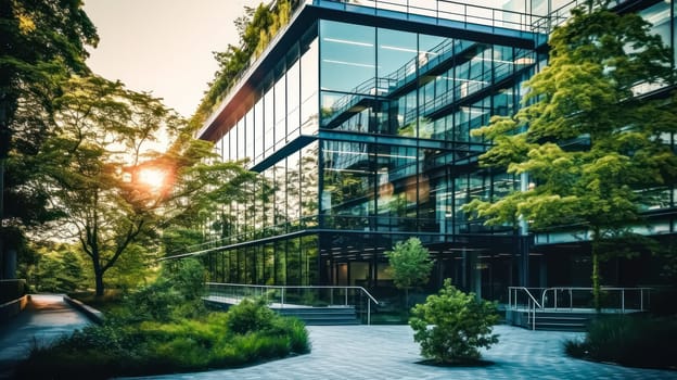 Sustainable green building eco friendly glass office with trees to reduce CO2. Standard illustration of a corporate building promoting a green environment.