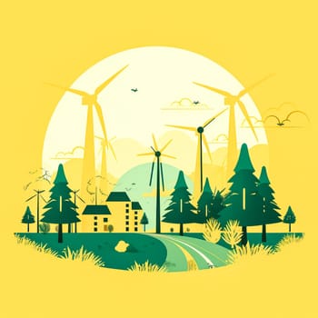 Green energy concept Silhouette of a wind power turbine amid mountain hills. Standard illustration capturing the beauty of renewable energy landscapes.