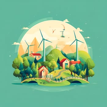 Green energy concept Silhouette of a wind power turbine amid mountain hills. Standard illustration capturing the beauty of renewable energy landscapes.