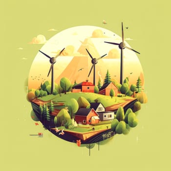 Green energy concept Silhouette of a wind power turbine amid mountain hills. Standard illustration capturing the beauty of renewable energy landscapes.