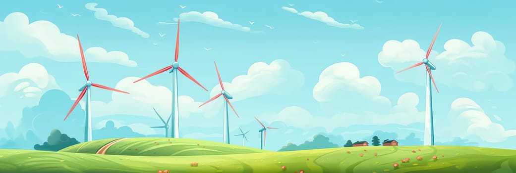 Green energy concept Silhouette of a wind power turbine amid mountain hills. Standard illustration capturing the beauty of renewable energy landscapes.