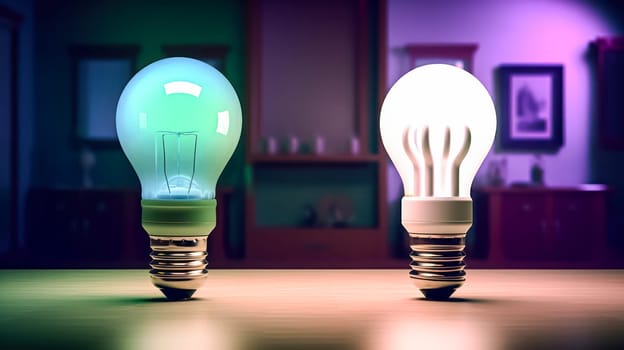 Light bulbs and trees energy saving concepts and investments in eco business, renewable energy production, ESG green business, and environmental investment. Natural green background.