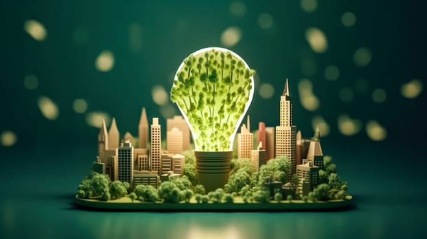 Green eco city with light bulb on white background save energy and nature. Environmental and ecology concept, sustainable development.illustration.