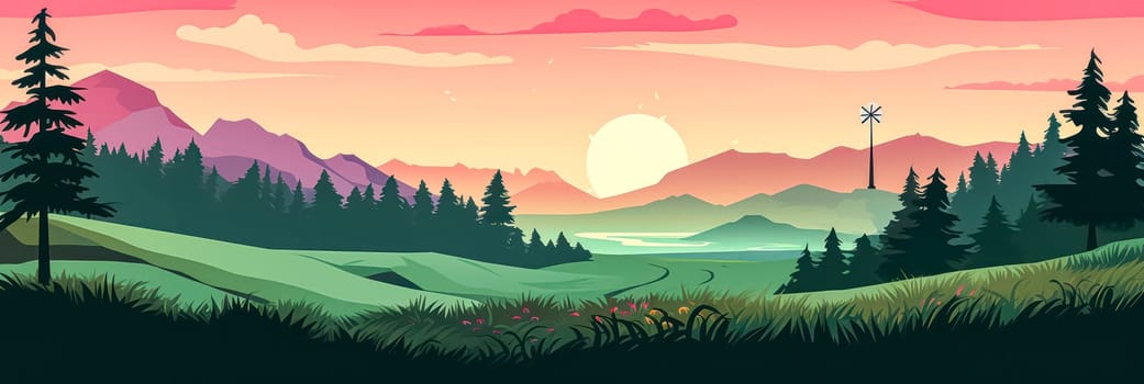 Camping in the mountains sunset scene. Standard illustration capturing the serene beauty of a mountainous camping experience.