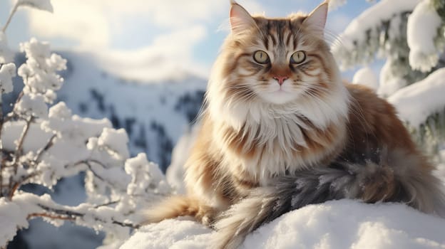 Adorable, brown fluffy cat sitting on the snow in a beautiful winter landscape.