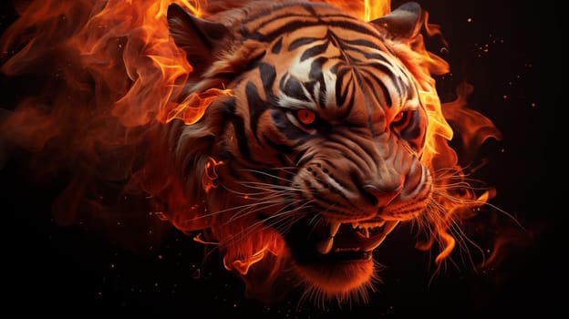 Head of an angry, fiery tiger, on a black background.