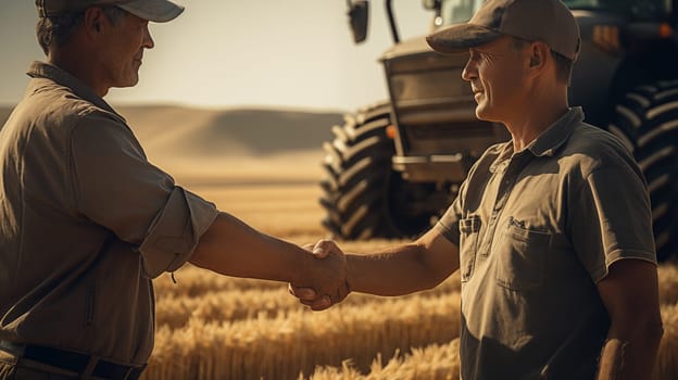 two farmers in shirts on the background of a wheat field with a tractor, shaking hands.