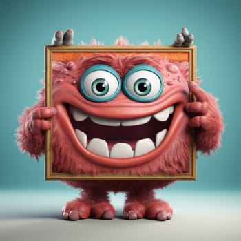 A red, hairy monster with big turquoise eyes and a wide grin, playfully peeking from behind a picture frame. Dental health and pediatric dentistry concept