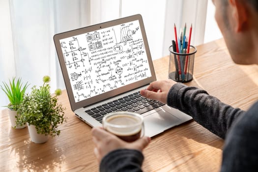 Mathematic equations and modish formula on computer screen showing concept of science and education