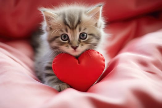 Cute fluffy kitten with captivating eyes cuddling a red heart-shaped pillow on a soft pink blanket, symbolizing love and comfort.