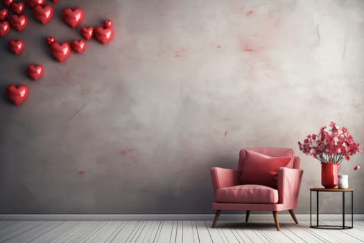 Contemporary room with a stylish pink armchair, a vase of red flowers on a side table, and red heart-shaped balloons against a textured wall.