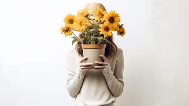 Charming image of a girl holding a pot of flowers against a white background. Standard visual capturing the simplicity and beauty of floral arrangements.