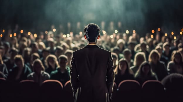 Confident businessman addressing a large audience with authority. Professional speaker delivering a compelling presentation to captivated listeners. Standard concept for business communication.