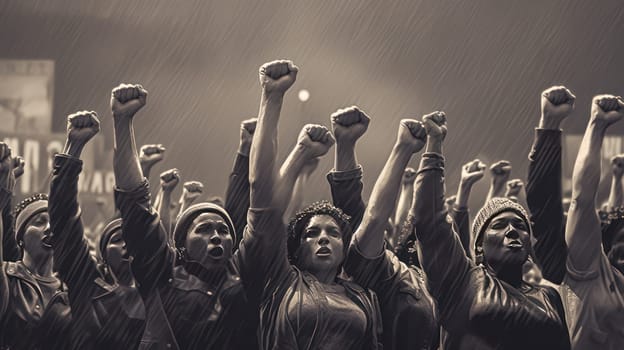 Unified and determined, a group of protestors raises fists in solidarity, making a powerful statement for justice and social change. Stand together, speak up.