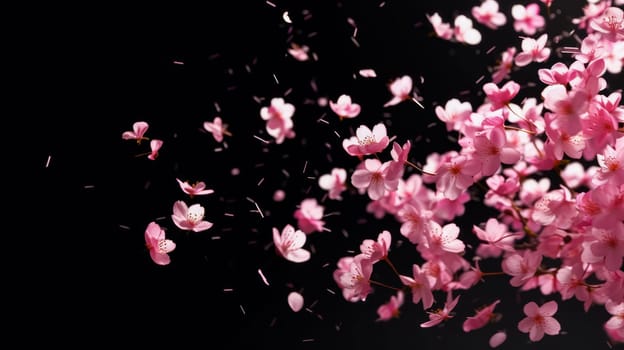 A stunning spring tree adorned with delicate pink flowers, standing out against a dramatic black background. A captivating contrast in natures beauty.