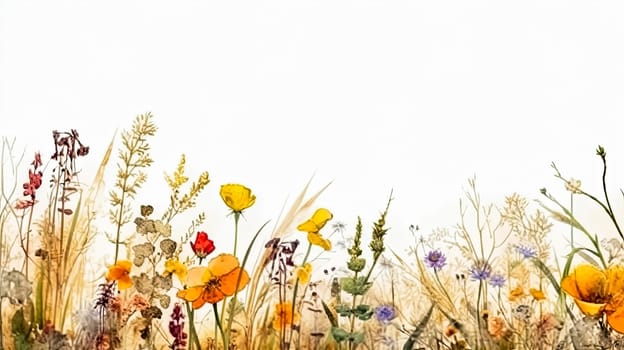 Delicate wildflowers on a clean white background, a charming composition that leaves room for your personalized message or text. Natures elegance in simplicity.