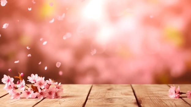 A rustic charm, an empty wooden table set in a Sakura flower park, surrounded by the soft bokeh of a garden. Perfect for showcasing outdoor themed products.