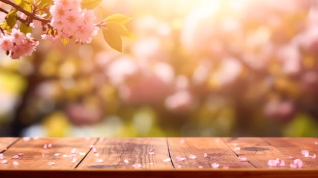 A rustic charm, an empty wooden table set in a Sakura flower park, surrounded by the soft bokeh of a garden. Perfect for showcasing outdoor themed products.