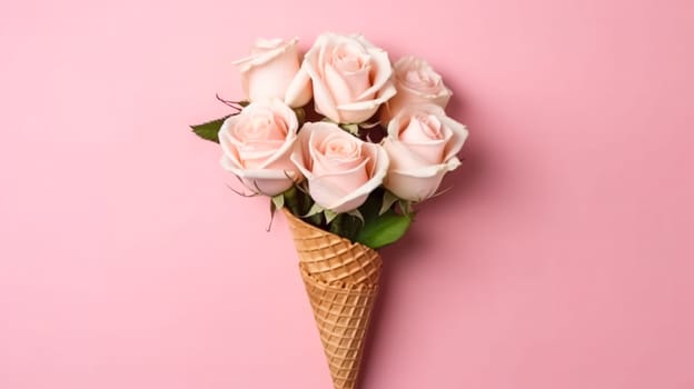 Delicious roses ice cream in a charming waffle cup, presented with minimalistic flair on a delightful pink background. A sweet treat for visual projects.