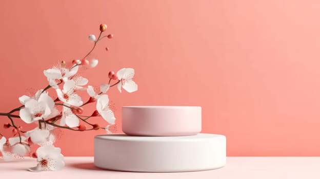 Elegant white podium standing on a serene beige background, adorned with delicate branches of cherry blossoms. Perfect for showcasing sophistication and beauty.