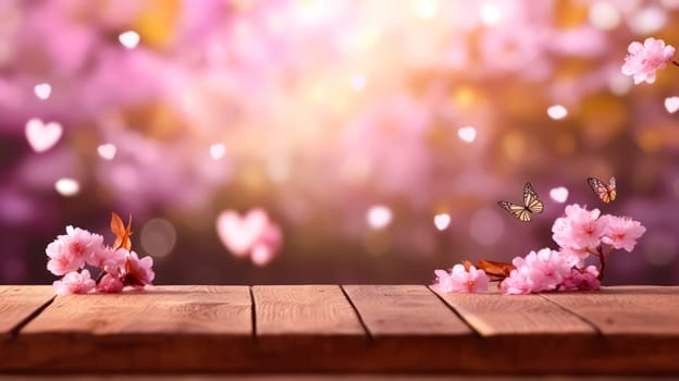 A rustic charm, an empty wooden table set in a Sakura flower park, surrounded by the soft bokeh of a garden. Perfect for showcasing outdoor themed products.