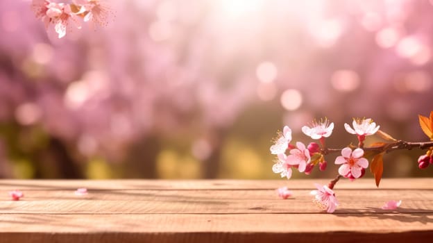 A rustic charm, an empty wooden table set in a Sakura flower park, surrounded by the soft bokeh of a garden. Perfect for showcasing outdoor themed products.