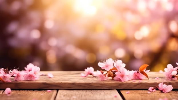 A rustic charm, an empty wooden table set in a Sakura flower park, surrounded by the soft bokeh of a garden. Perfect for showcasing outdoor themed products.