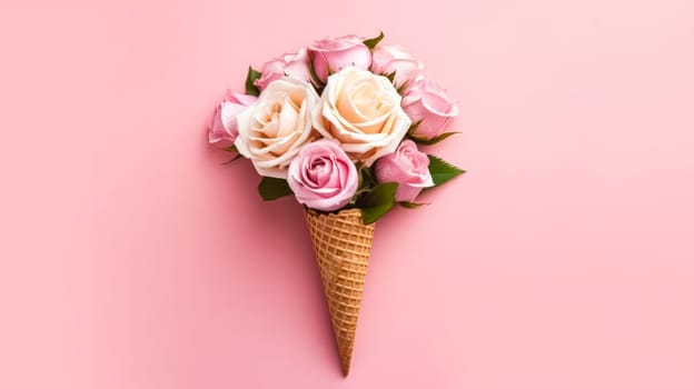 Delicious roses ice cream in a charming waffle cup, presented with minimalistic flair on a delightful pink background. A sweet treat for visual projects.