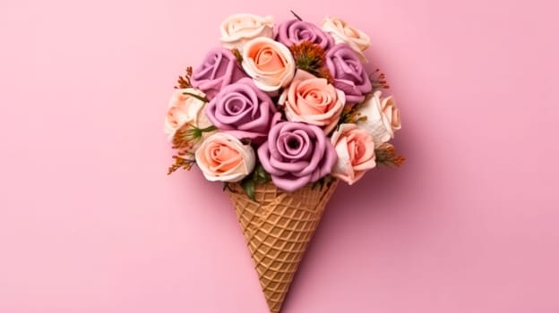 Delicious roses ice cream in a charming waffle cup, presented with minimalistic flair on a delightful pink background. A sweet treat for visual projects.