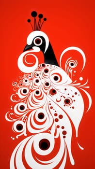 Bold graphic illustration of an abstract peacock with ornate feathers on a vibrant red background - generative AI