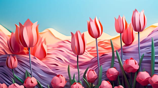 Ephemeral beauty crafted from paper vibrant tulips meticulously cut, forming a delightful composition against a colorful background. Artistry in bloom.