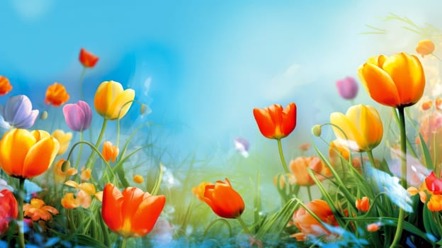 Gorgeous tulips set against a serene blue backdrop, offering a delightful and fresh aesthetic. Ample space provided for your personalized text or message.