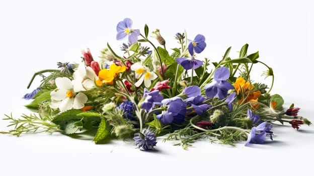 Delicate wildflowers on a clean white background, a charming composition that leaves room for your personalized message or text. Natures elegance in simplicity.