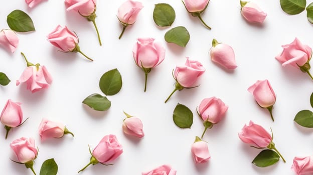 Elegant flat lay composition featuring a delicate framework made of roses on a clean white background. A timeless and romantic floral arrangement.