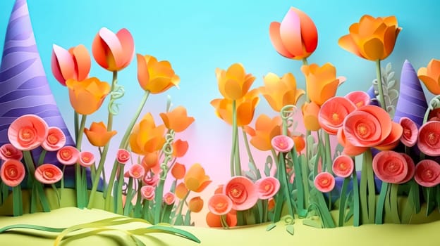 A mesmerizing floral arrangement, beautiful blooming flowers and tulips on a serene blue background. A delicate and vibrant scene, ideal for a variety of design projects and artistic concepts.