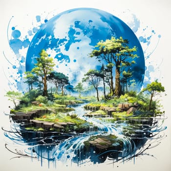 Serene River Scenery, A captivating illustration depicting a tranquil river landscape surrounded by lush trees, presented on a clean white background. Ideal for nature inspired designs and creative projects.