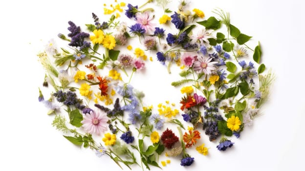 Delicate wildflowers on a clean white background, a charming composition that leaves room for your personalized message or text. Natures elegance in simplicity.