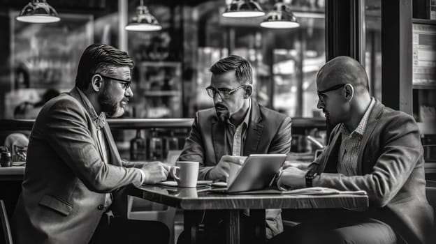 Business rendezvous. Suited gentlemen engaged in discussions at a table in a sophisticated bar, exuding professionalism and strategic conversations.