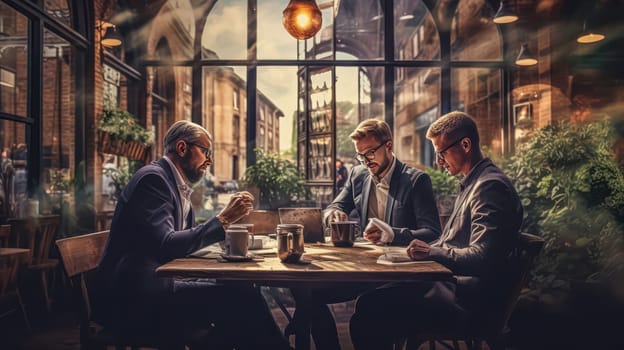 Business rendezvous. Suited gentlemen engaged in discussions at a table in a sophisticated bar, exuding professionalism and strategic conversations.