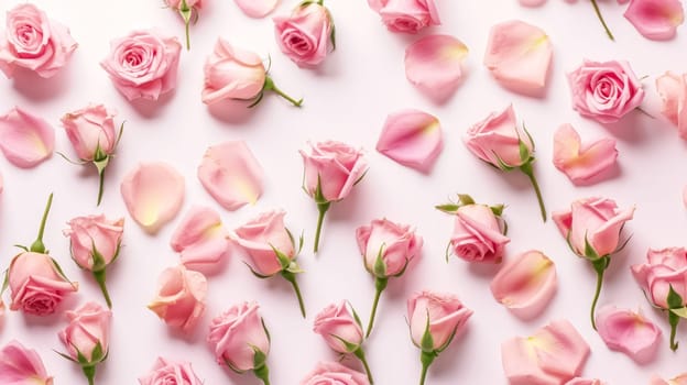 Elegant flat lay composition featuring a delicate framework made of roses on a clean white background. A timeless and romantic floral arrangement.