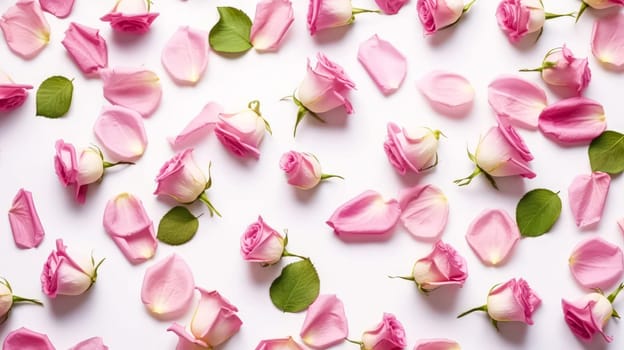 Elegant flat lay composition featuring a delicate framework made of roses on a clean white background. A timeless and romantic floral arrangement.