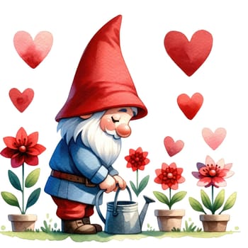 Valentines gnome, love Nordic gnome, Scandinavian gnomes, Watercolor cute valentines day postcard. Vellichor.