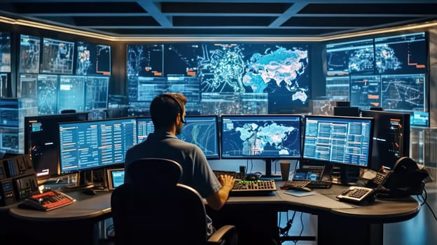 Modern monitoring office with male software engineer standard illustration featuring live analysis feed on a big digital screen. Data scientists and managers at computers.