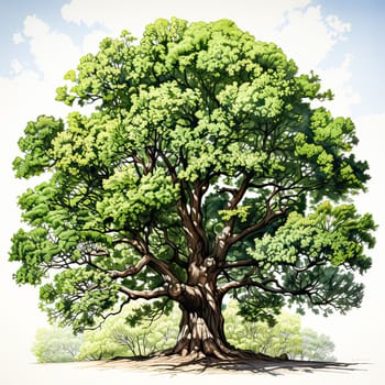 Majestic and enduring, An intricate illustration of an oak tree, symbolic of strength and longevity, set against a clean white background. Perfect for nature themed designs and artistic projects.