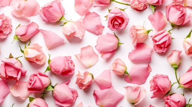 Elegant flat lay composition featuring a delicate framework made of roses on a clean white background. A timeless and romantic floral arrangement.