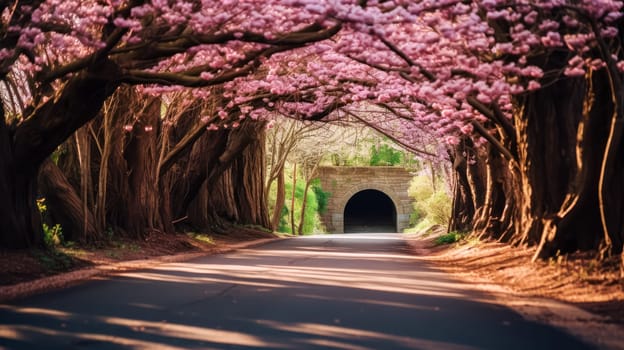 Embark on a picturesque journey down a road adorned with a captivating arch of cherry blossoms, creating a serene and enchanting scene.
