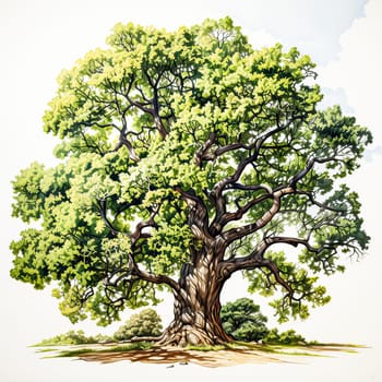 Majestic and enduring, An intricate illustration of an oak tree, symbolic of strength and longevity, set against a clean white background. Perfect for nature themed designs and artistic projects.