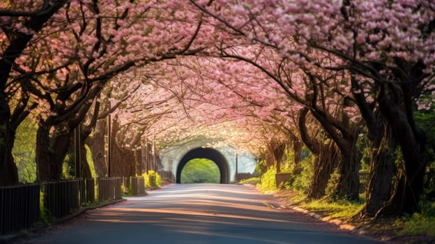 Embark on a picturesque journey down a road adorned with a captivating arch of cherry blossoms, creating a serene and enchanting scene.