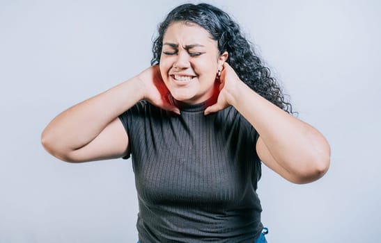 People with neck tension. Young woman suffering with neck pain. Neck pain and stress concept